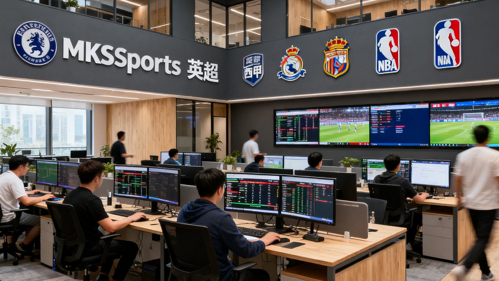 MKSports上海总部开放式办公区全景,数十名员工在双屏工作站前处理赛事数据,墙面悬挂着各大联赛的标志