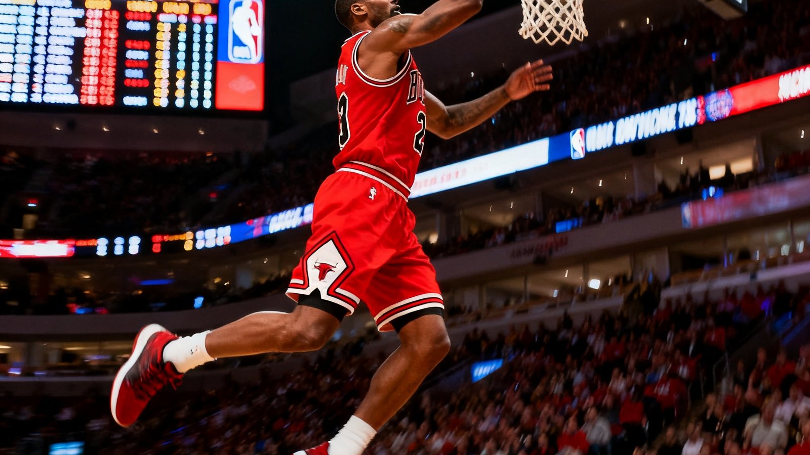 NBA赛场上一位身披红色球衣的球星飞身扣篮,背景是闪耀的记分牌和沸腾的观众