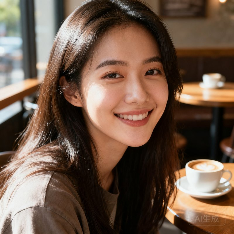 一位长发女性用户头像照片，穿着休闲服装，在咖啡馆中微笑